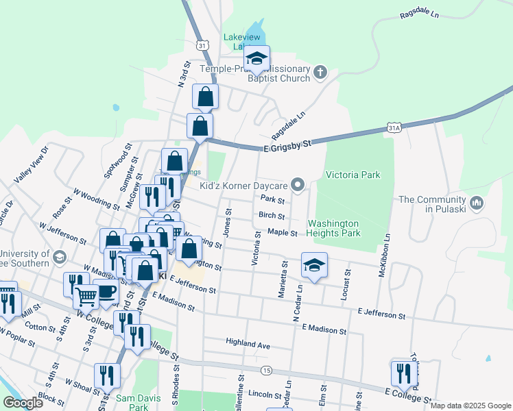map of restaurants, bars, coffee shops, grocery stores, and more near 533 Victoria Street in Pulaski