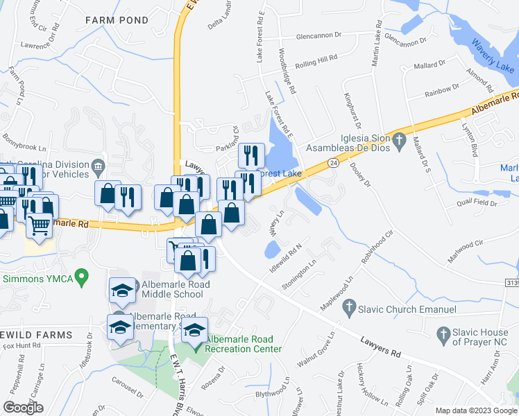 map of restaurants, bars, coffee shops, grocery stores, and more near 7200 Albemarle Road in Charlotte