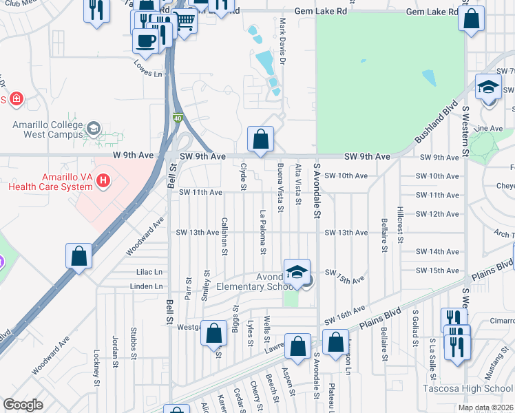 map of restaurants, bars, coffee shops, grocery stores, and more near 1107 La Paloma Street in Amarillo