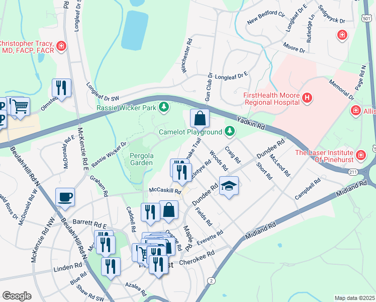 map of restaurants, bars, coffee shops, grocery stores, and more near 105 Rattlesnake Trail in Pinehurst