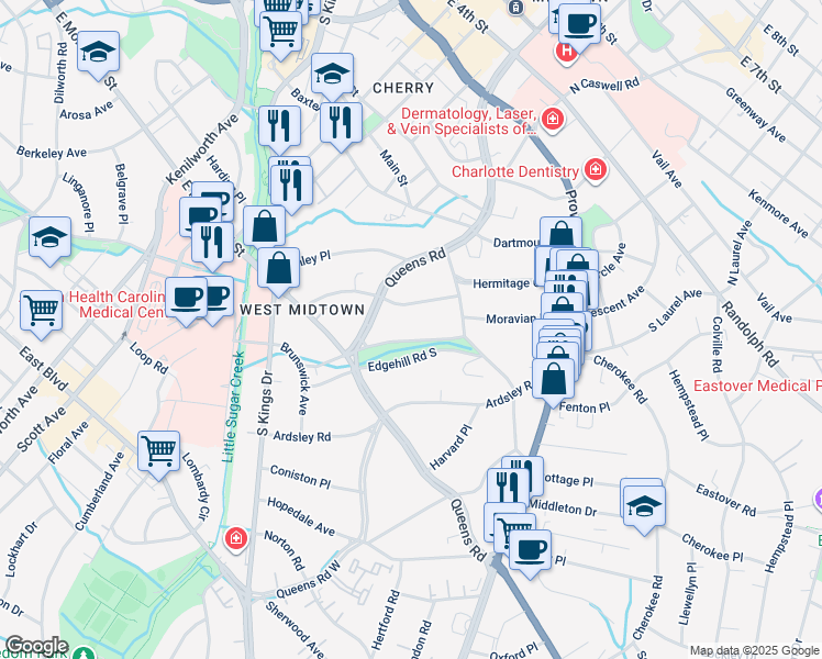 map of restaurants, bars, coffee shops, grocery stores, and more near 810 Edgehill Road North in Charlotte