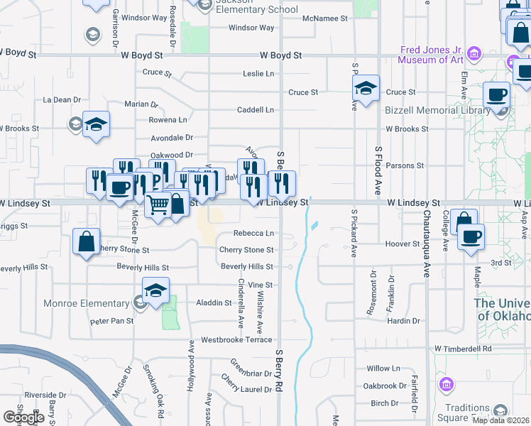 map of restaurants, bars, coffee shops, grocery stores, and more near 1214 West Lindsey Street in Norman