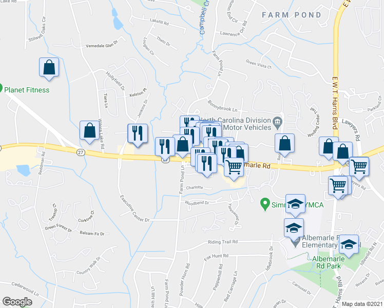 map of restaurants, bars, coffee shops, grocery stores, and more near 6301 Albemarle Road in Charlotte