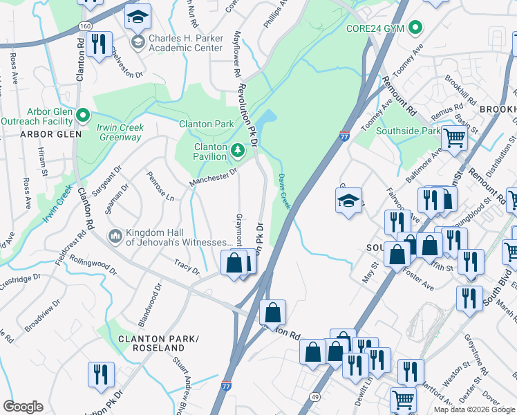 map of restaurants, bars, coffee shops, grocery stores, and more near 3215 Graymont Drive in Charlotte