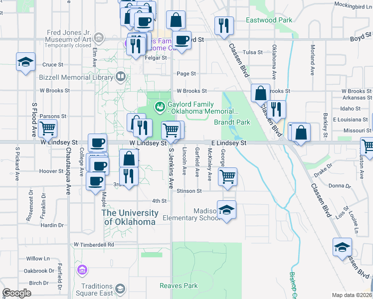 map of restaurants, bars, coffee shops, grocery stores, and more near 1305 Lincoln Avenue in Norman