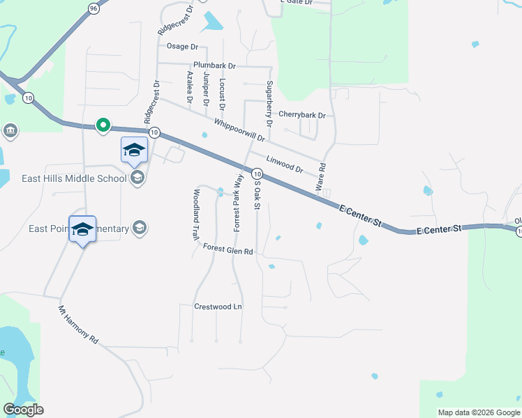 map of restaurants, bars, coffee shops, grocery stores, and more near 640 South Oak Street in Greenwood