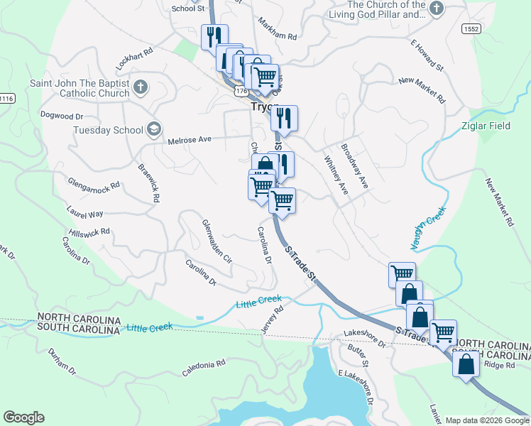 map of restaurants, bars, coffee shops, grocery stores, and more near in Tryon