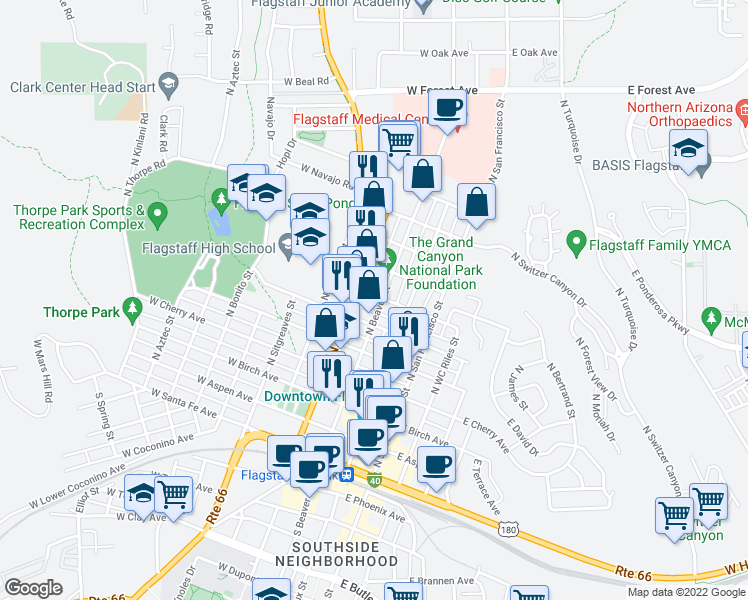 map of restaurants, bars, coffee shops, grocery stores, and more near 523 North Beaver Street in Flagstaff
