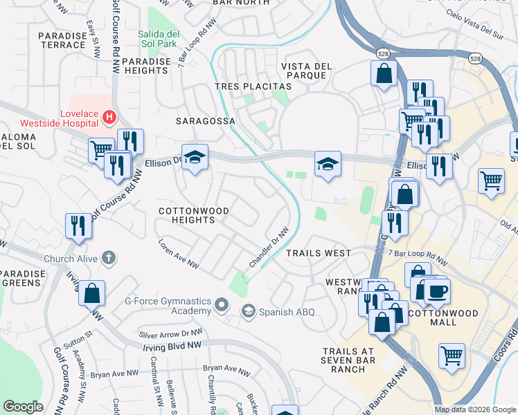 map of restaurants, bars, coffee shops, grocery stores, and more near 4205 Caprock Road Northwest in Albuquerque