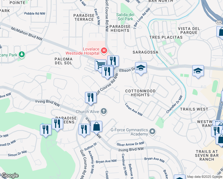 map of restaurants, bars, coffee shops, grocery stores, and more near 10300 Golf Course Road Northwest in Albuquerque