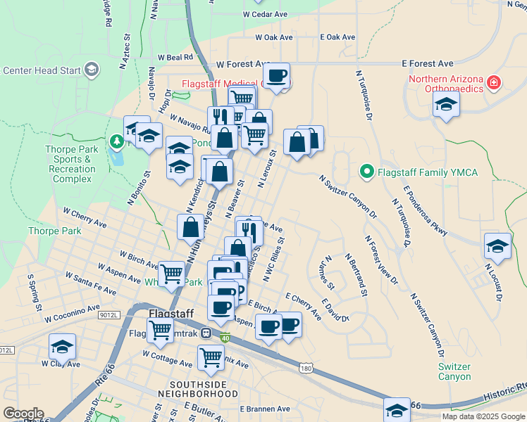 map of restaurants, bars, coffee shops, grocery stores, and more near 622 North San Francisco Street in Flagstaff