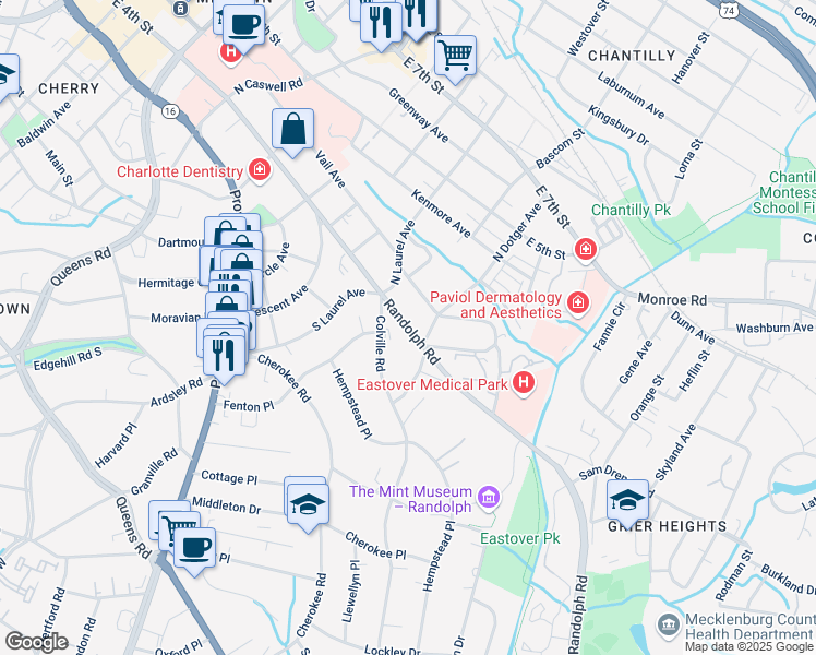 map of restaurants, bars, coffee shops, grocery stores, and more near 2435 Randolph Road in Charlotte