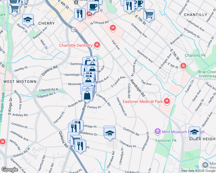 map of restaurants, bars, coffee shops, grocery stores, and more near 220 South Laurel Avenue in Charlotte