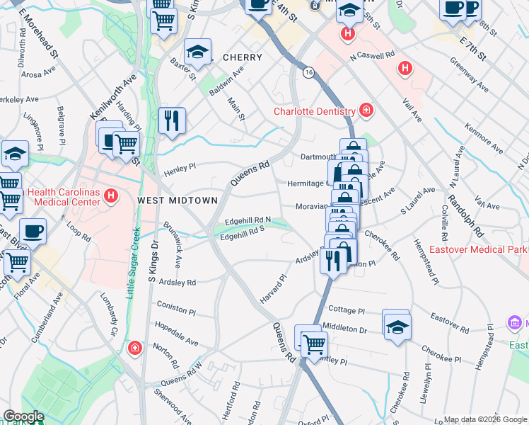 map of restaurants, bars, coffee shops, grocery stores, and more near 216 Hermitage Road in Charlotte