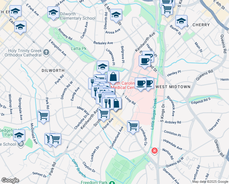 map of restaurants, bars, coffee shops, grocery stores, and more near 1525 Kenilworth Avenue in Charlotte