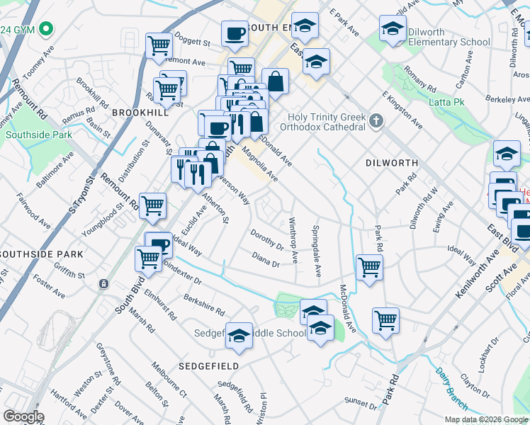 map of restaurants, bars, coffee shops, grocery stores, and more near 424 Mather Green Avenue in Charlotte