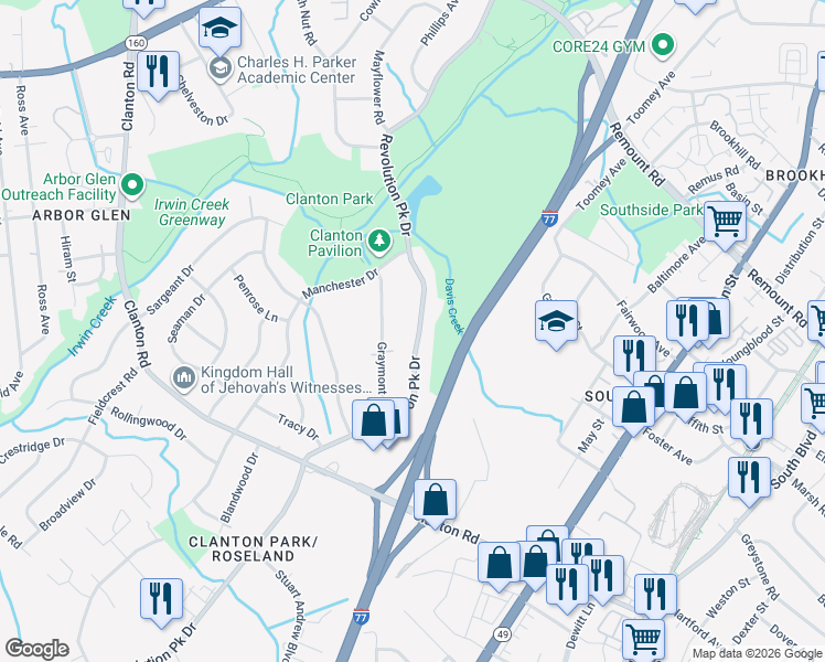 map of restaurants, bars, coffee shops, grocery stores, and more near 3215 Graymont Drive in Charlotte
