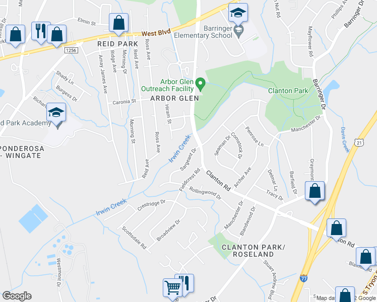 map of restaurants, bars, coffee shops, grocery stores, and more near 3734 Sargeant Drive in Charlotte