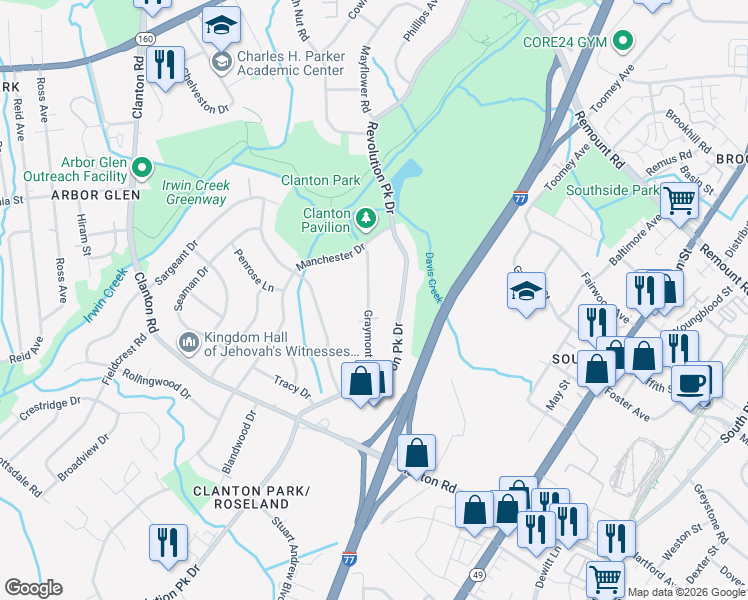 map of restaurants, bars, coffee shops, grocery stores, and more near 3215 Graymont Drive in Charlotte