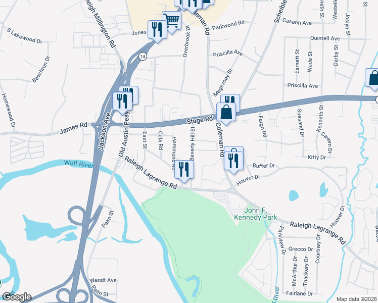 map of restaurants, bars, coffee shops, grocery stores, and more near 2853 Beverly Hill Street in Memphis