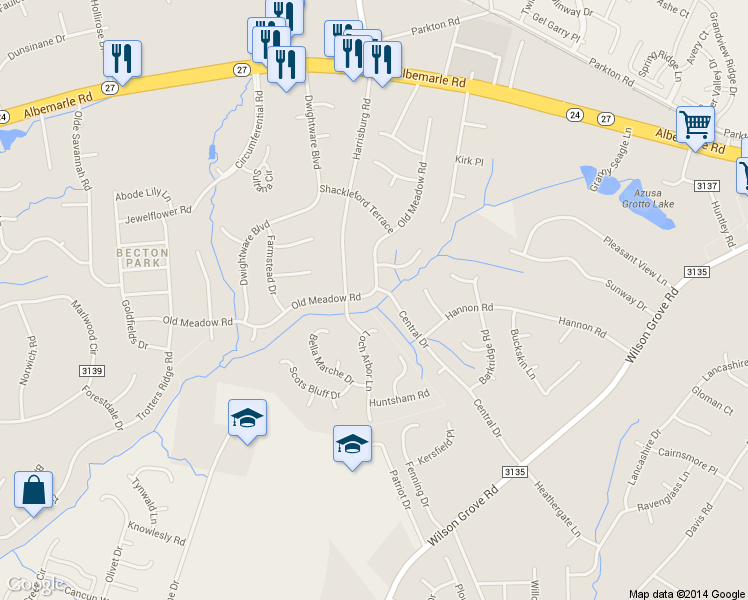 map of restaurants, bars, coffee shops, grocery stores, and more near 6128 Old Meadow Road in Charlotte