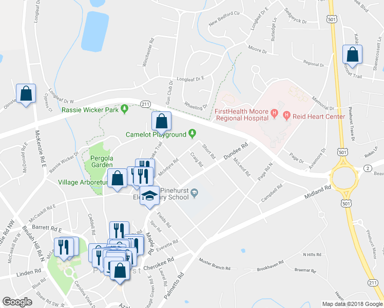 map of restaurants, bars, coffee shops, grocery stores, and more near 30 Craig Road in Pinehurst