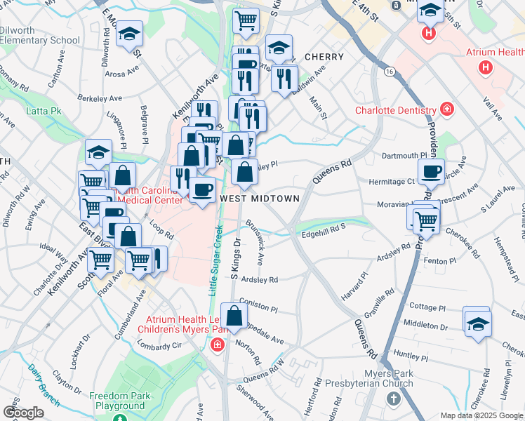 map of restaurants, bars, coffee shops, grocery stores, and more near 1610 East Morehead Street in Charlotte