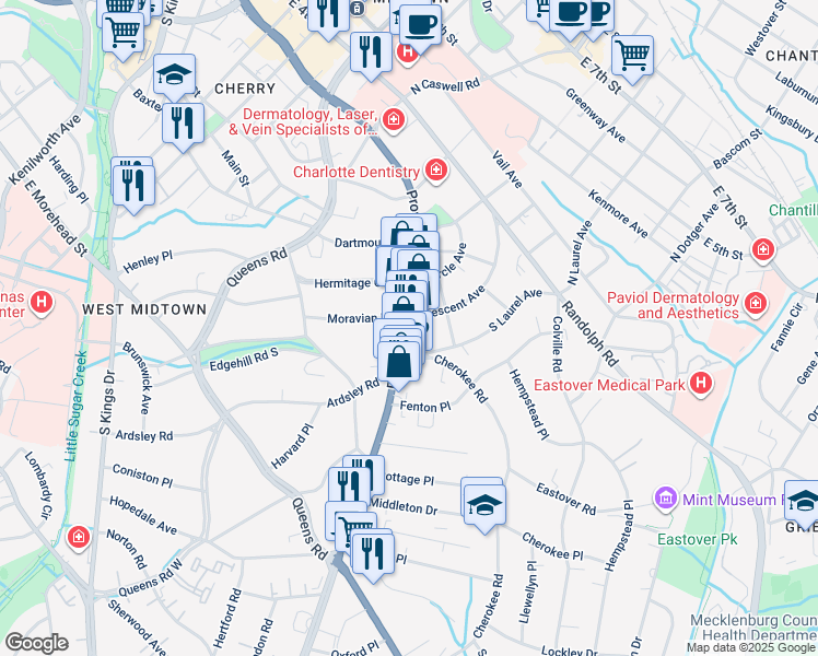 map of restaurants, bars, coffee shops, grocery stores, and more near 507 Providence Road in Charlotte
