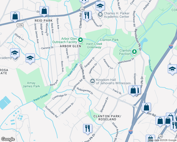 map of restaurants, bars, coffee shops, grocery stores, and more near 3714 Seaman Drive in Charlotte