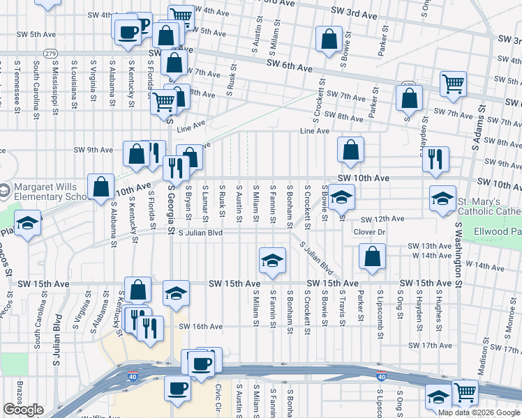 map of restaurants, bars, coffee shops, grocery stores, and more near 1014 South Fannin Street in Amarillo