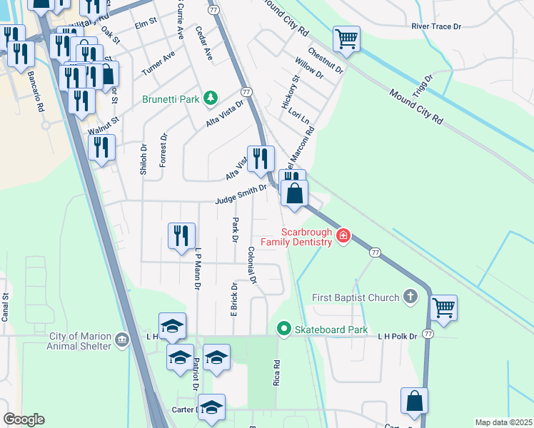 map of restaurants, bars, coffee shops, grocery stores, and more near 107 Colonial Estates Cove in Marion