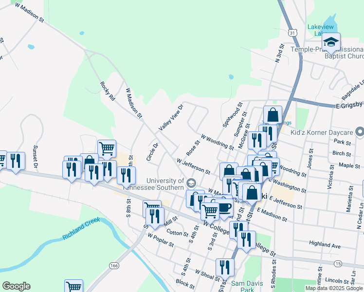 map of restaurants, bars, coffee shops, grocery stores, and more near 117 Edgehill Drive in Pulaski