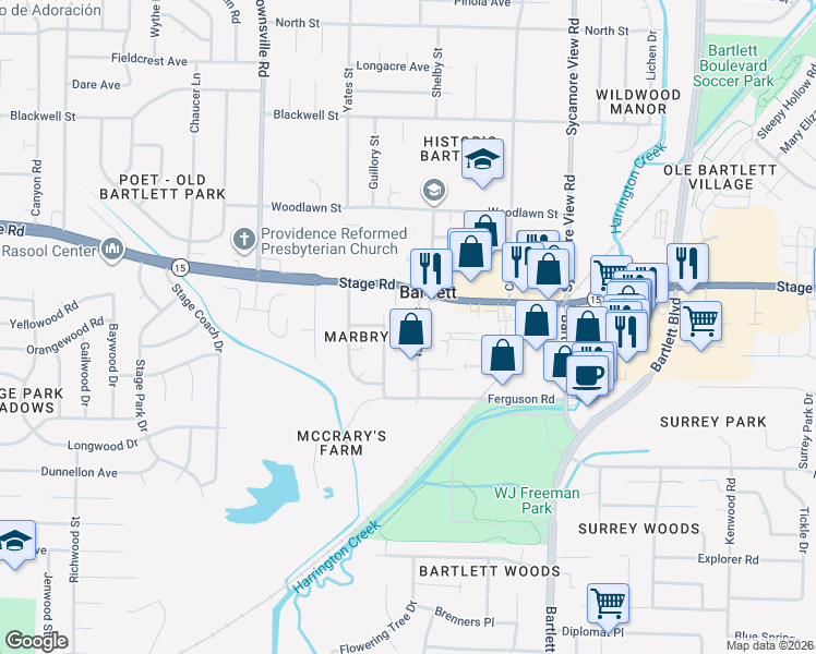 map of restaurants, bars, coffee shops, grocery stores, and more near 2852 Marbry Drive in Bartlett