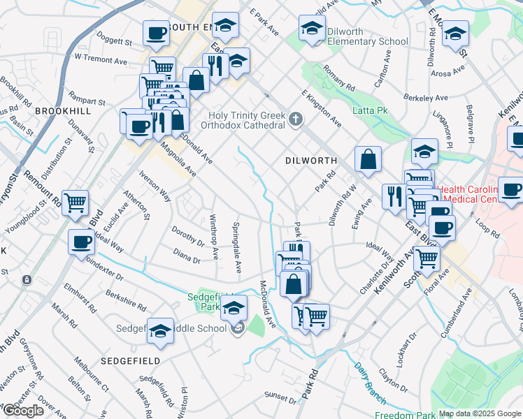 map of restaurants, bars, coffee shops, grocery stores, and more near 625 McDonald Avenue in Charlotte