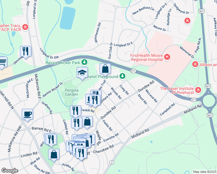 map of restaurants, bars, coffee shops, grocery stores, and more near 95 Woods Road in Pinehurst
