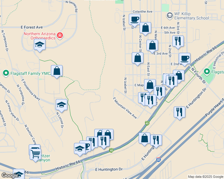 map of restaurants, bars, coffee shops, grocery stores, and more near 1601 East Mountain View Avenue in Flagstaff