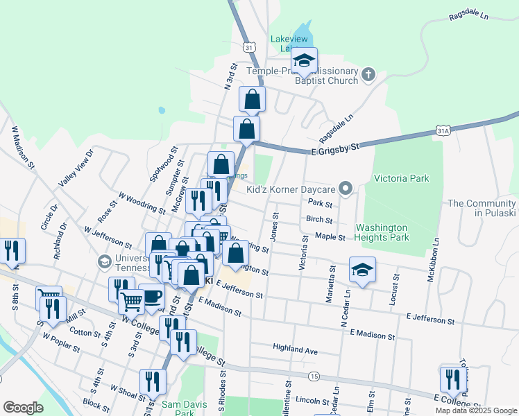map of restaurants, bars, coffee shops, grocery stores, and more near 512 Childers Street in Pulaski