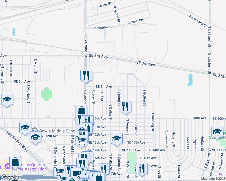 map of restaurants, bars, coffee shops, grocery stores, and more near 607 South Dallas Street in Amarillo