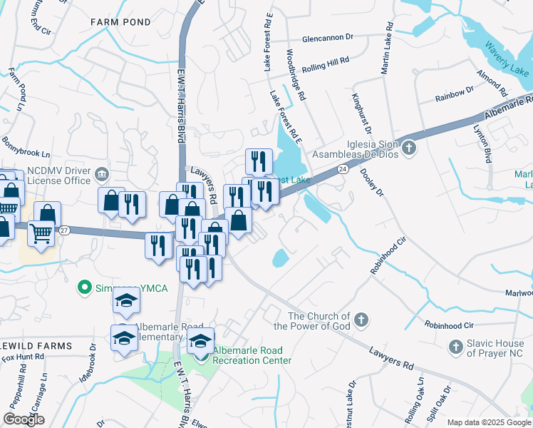 map of restaurants, bars, coffee shops, grocery stores, and more near 7200 North Carolina 24 in Charlotte