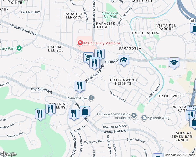 map of restaurants, bars, coffee shops, grocery stores, and more near 10300 Golf Course Road Northwest in Albuquerque
