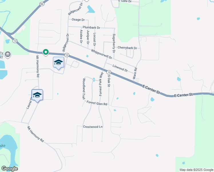 map of restaurants, bars, coffee shops, grocery stores, and more near 645 South Oak Street in Greenwood
