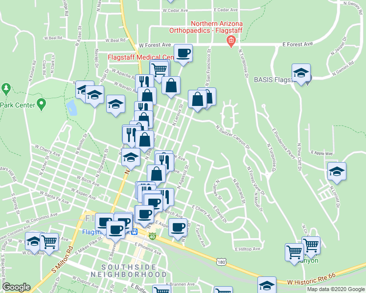 map of restaurants, bars, coffee shops, grocery stores, and more near 622 North San Francisco Street in Flagstaff