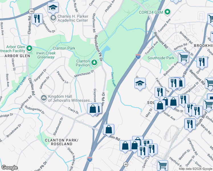 map of restaurants, bars, coffee shops, grocery stores, and more near 3301 Barringer Drive in Charlotte