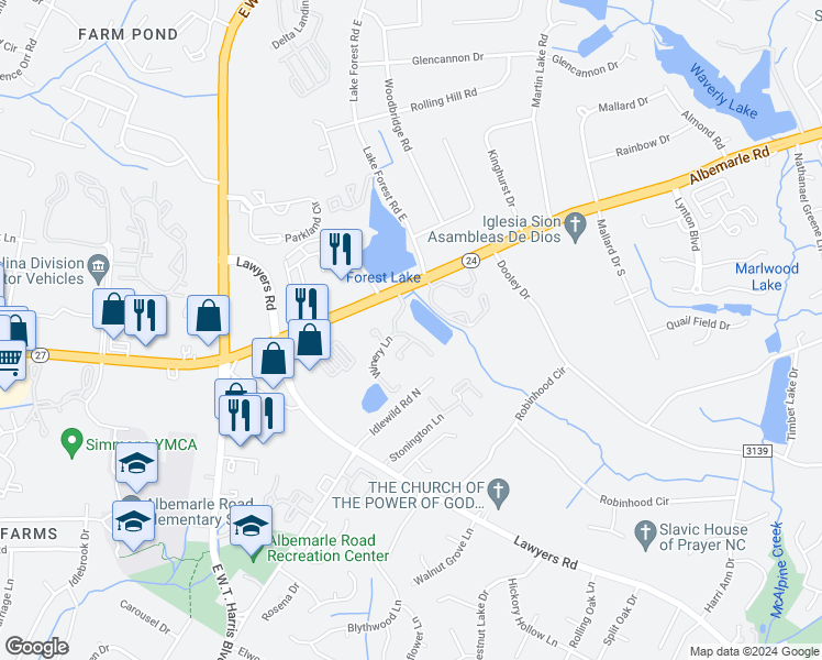 map of restaurants, bars, coffee shops, grocery stores, and more near 7317 Winery Lane in Charlotte