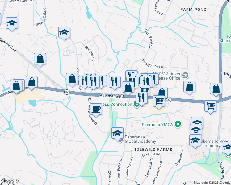 map of restaurants, bars, coffee shops, grocery stores, and more near 6127 Albemarle Road in Charlotte