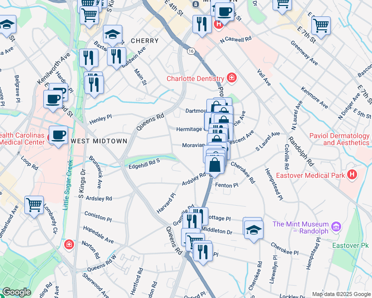 map of restaurants, bars, coffee shops, grocery stores, and more near 619 Moravian Lane in Charlotte