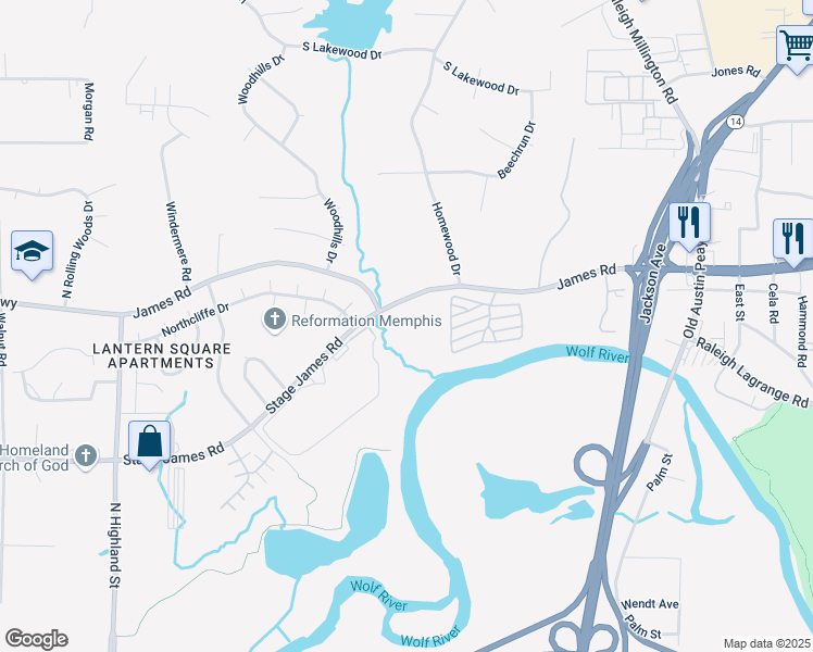 map of restaurants, bars, coffee shops, grocery stores, and more near 3907 James Road in Memphis