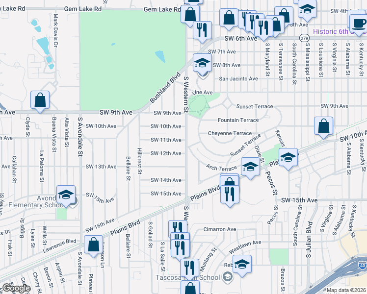 map of restaurants, bars, coffee shops, grocery stores, and more near 1104 South Western Street in Amarillo