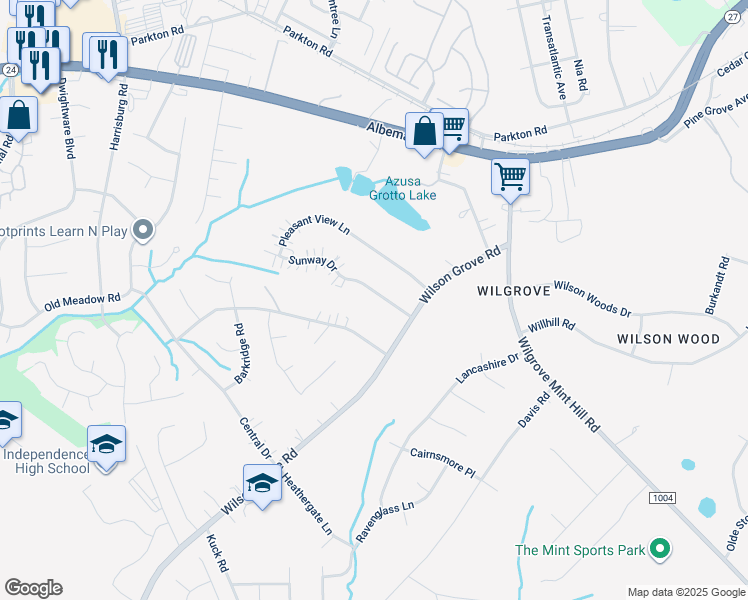 map of restaurants, bars, coffee shops, grocery stores, and more near 9900 Sunway Drive in Mint Hill