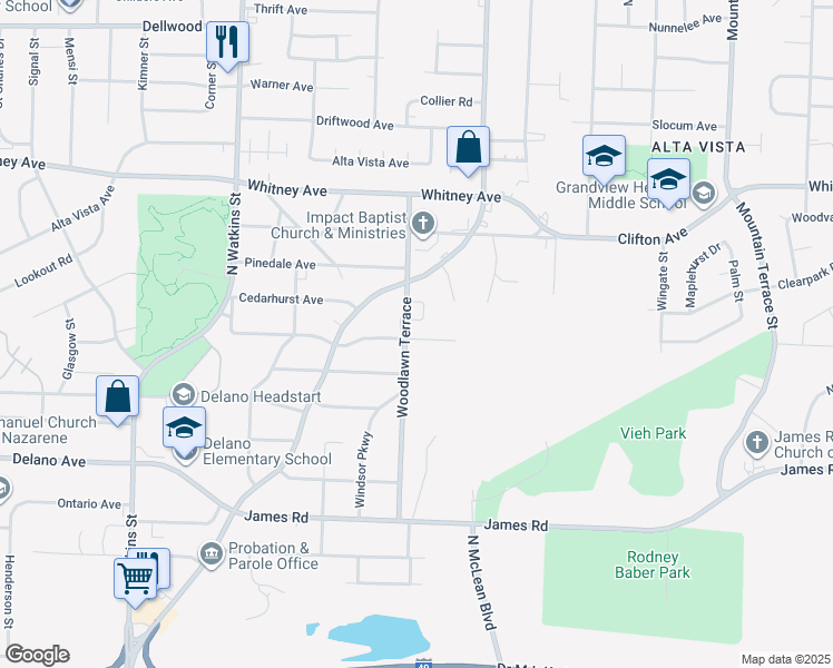map of restaurants, bars, coffee shops, grocery stores, and more near 2856 Woodlawn Terrace in Memphis